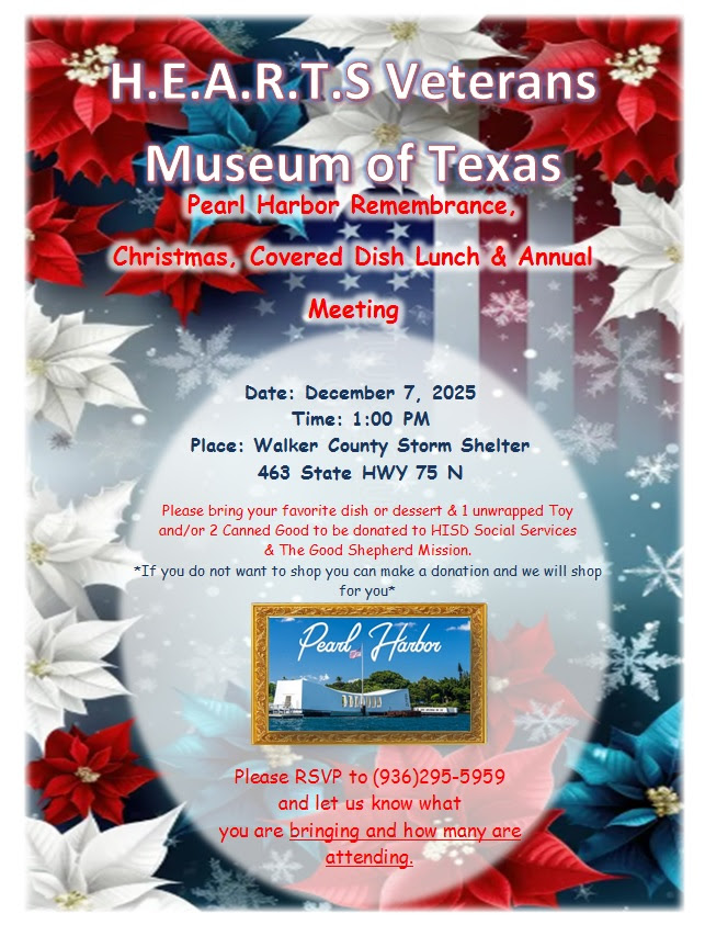 Pearl Harbor Remembrance, Christmas Covered Dish Lunch & Annual Meeting
