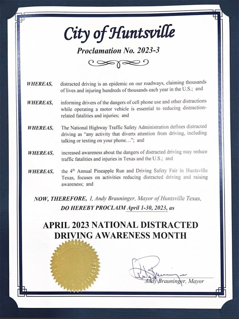 National Distracted Driving Awareness Month in Huntsville TX Proclamation